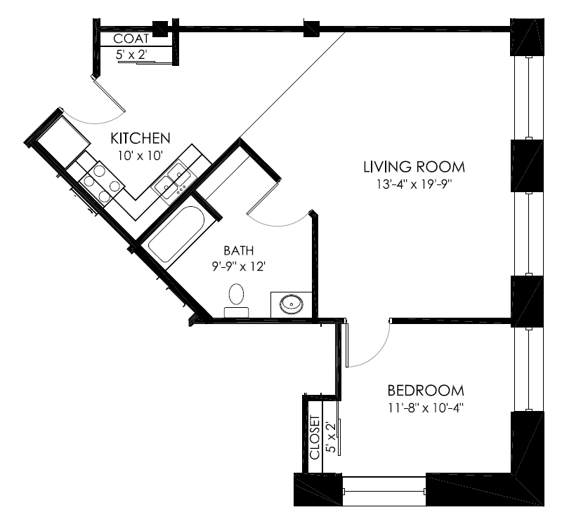 Floor plan for 1 bed, 1 bath, 572 sqft